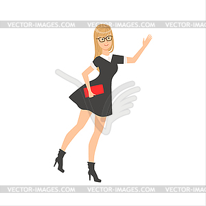 Blond Girl In Glasses And Pretty Black Dress Wearin - vector image