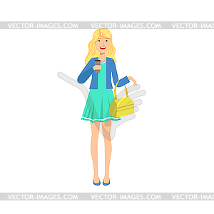 Happy Pretty Blond Girl In Blue Dress Sipping - vector clipart