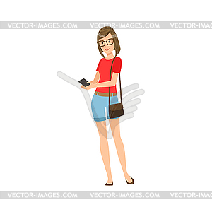 Happy Hipster Girl Wearing Glasses Using Smartphone - color vector clipart