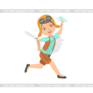 Little Boy In Vintage Pilot Leather Outfit Playing - color vector clipart