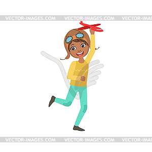 Little Boy In Vintage Pilot Leather Outfit Playing - vector clip art