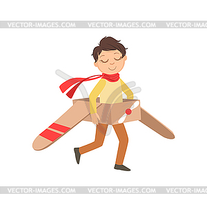 Little Boy In Vintage Pilot Leather Outfit Playing - vector image