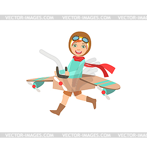 Little Boy In Vintage Pilot Leather Outfit Playing - vector clipart