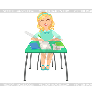 Schoolgirl Sitting Behind Desk In School Class - royalty-free vector image