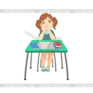 Schoolgirl Sitting Behind Desk In School Class - vector image