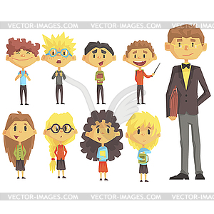 Elementary School Group Of Schoolchildren With Thei - vector clipart