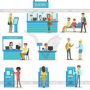 Специалисты банка услуг и клиентами Разные - векторизованное изображение клипарта