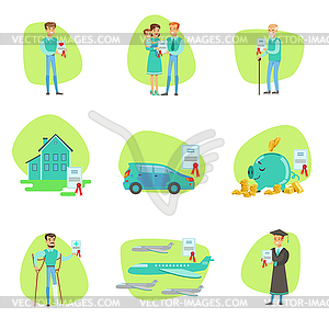 Insurance Contract Protecting Smiling People In - vector image