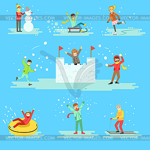 People Having Fun In Snow In Winter Set Of s - vector clipart