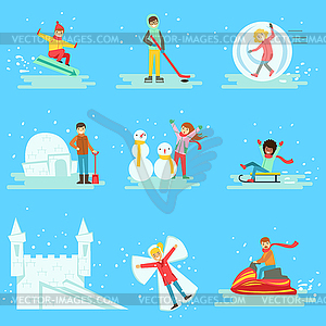 People Having Fun In Snow In Winter Collection Of s - vector image