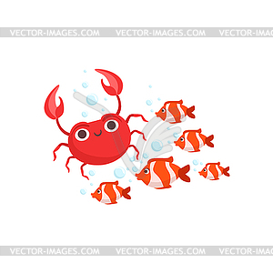 School Of Stripy Red Tropical Fish And Red Crab - vector image