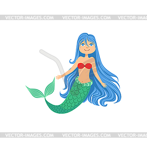 Blue Hair Mermaid In Red Swimsuit Top Bra Fairy-Tal - vector clipart