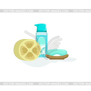 Skin Cleansing Soap And Lotion And Natural Sponge - vector image