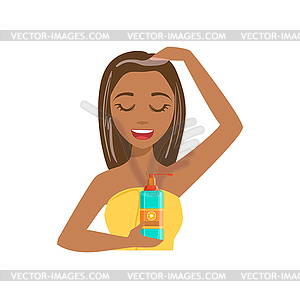 Girl Applying Hair Mask Product, Woman With Closed - vector image