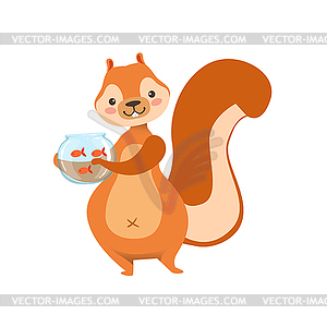 Red Squirrel Holding Aquarium With Pet Gold Fish - vector clip art