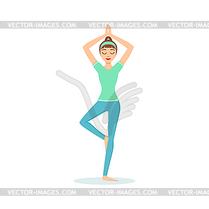 Tree Vriksasana Yoga Pose Demonstrated By Girl - vector image