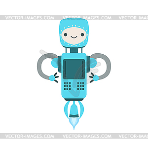 Blue Friendly Flying Android Robot Character Cartoon - color vector clipart