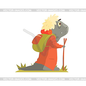 Grey Lizzard Monster With Backpack And Walking - vector clipart