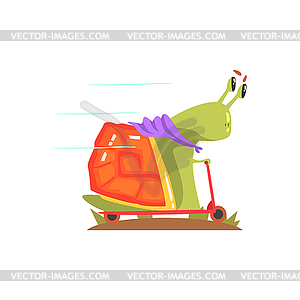 Snail Monster In Purple Scarf Riding Scooter, - vector image