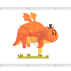 Chubby Orange Monster Flying Wearing Hat, Alien - vector EPS clipart