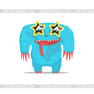 Happy Blue Furry Giant Monster In Star Shaped Dark - vector clip art