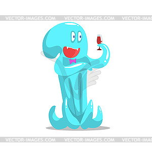 Счастливый Синий Осьминог монстр Пить вино Partying - изображение в векторном формате