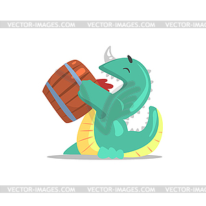 Green Dragon-Like Monster Drinking Beer of Barrel - vector clipart