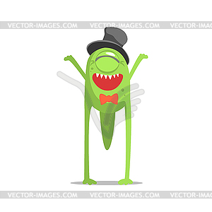 Happy Green One-Eyed Monster In Top Hat And Bow - vector EPS clipart