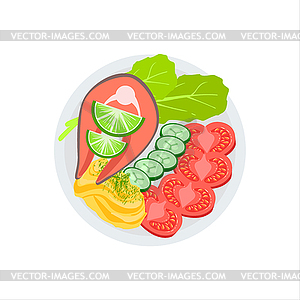 Salmon Grilled Steak And Side Of Fresh Vegetables - royalty-free vector image