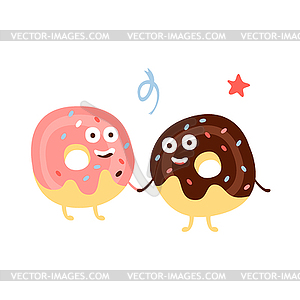 Two Doughnuts Holding Hands Children Birthday - vector image
