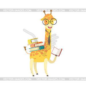 Giraffe Smiling Bookworm Zoo Character Wearing - vector clipart