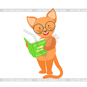 Red Cat Smiling Bookworm Zoo Character Wearing - vector clipart