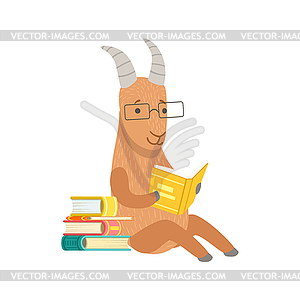 Goat Smiling Bookworm Zoo Character Wearing - vector image