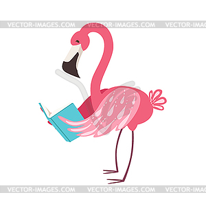 Pink Flamingo Smiling Bookworm Zoo Character Wearin - vector EPS clipart