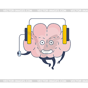 Brain Listening Music Comic Character Representing - vector clipart