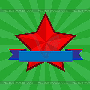 Red star with blue ribbon against divergent green - stock vector clipart