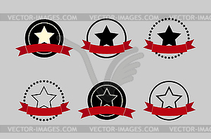 Six round ribbon red medallions for winners - vector image