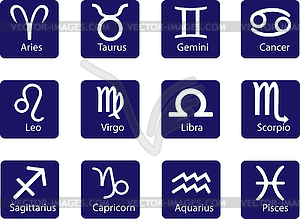 Zodiac signs icon with inscriptions on blue - vector clip art