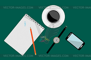 Stationery, smartphone, watch and coffee cup on - vector clipart