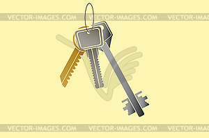 Three different metal keys hanging on ring, yellow - vector image