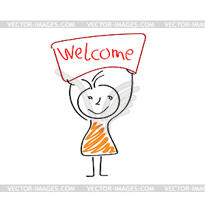 Cheerful hand-drawn man holding poster with - vector clipart