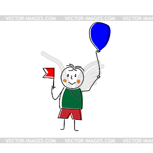 Cheerful hand-drawn man holding ball and flag - vector clip art