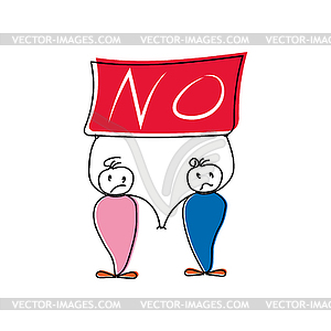 Two sad hand-drawn man holding poster with - vector clipart