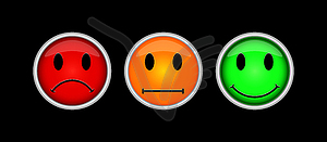 Три цветные кнопки с символами эмоций, веселья - иллюстрация в векторе