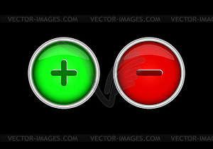 Red and green buttons with plus and minus signs - vector image