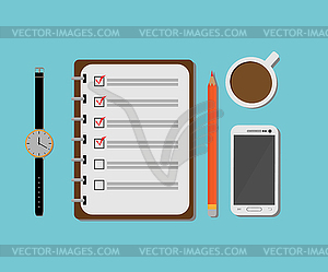 Notebook with cup of coffee, smartphone and clock - vector clipart