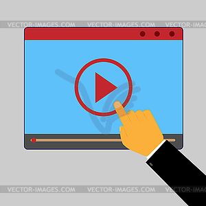 Male hand presses start button on video player - vector image