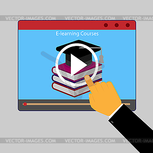 Male hand presses e-learning video lesson start - vector clipart