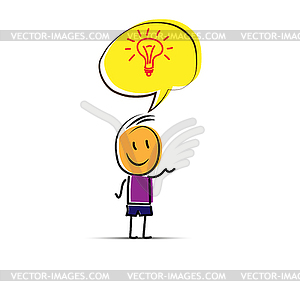 Hand-drawn man with an idea, burning light in speec - vector clipart