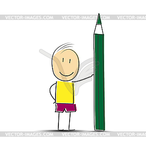 Рисованный человек стоит с зеленым карандашом - векторное изображение EPS
